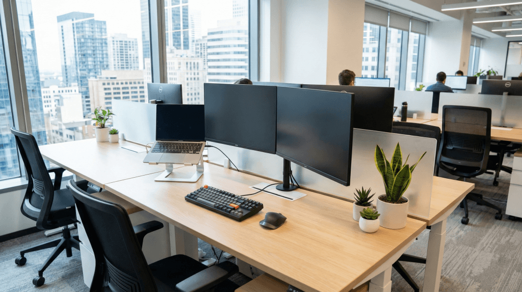 現代化整潔辦公桌面佈局與綠意盆栽